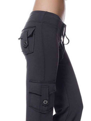 Mid Waist Pants with Pockets-black