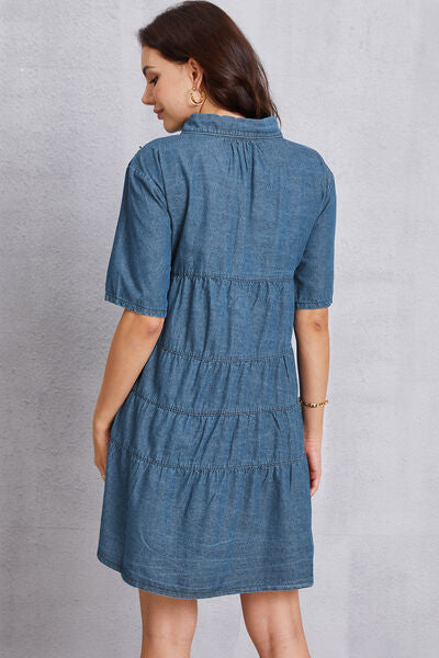 Back view of Button Up Collared Neck Tiered Denim Dress