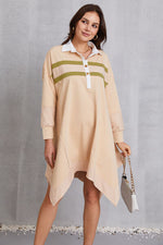 Model showing full view of Half Button Handkerchief Hem Dress -Light Apricot