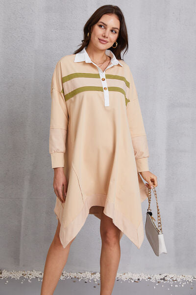 Model showing full view of Half Button Handkerchief Hem Dress -Light Apricot