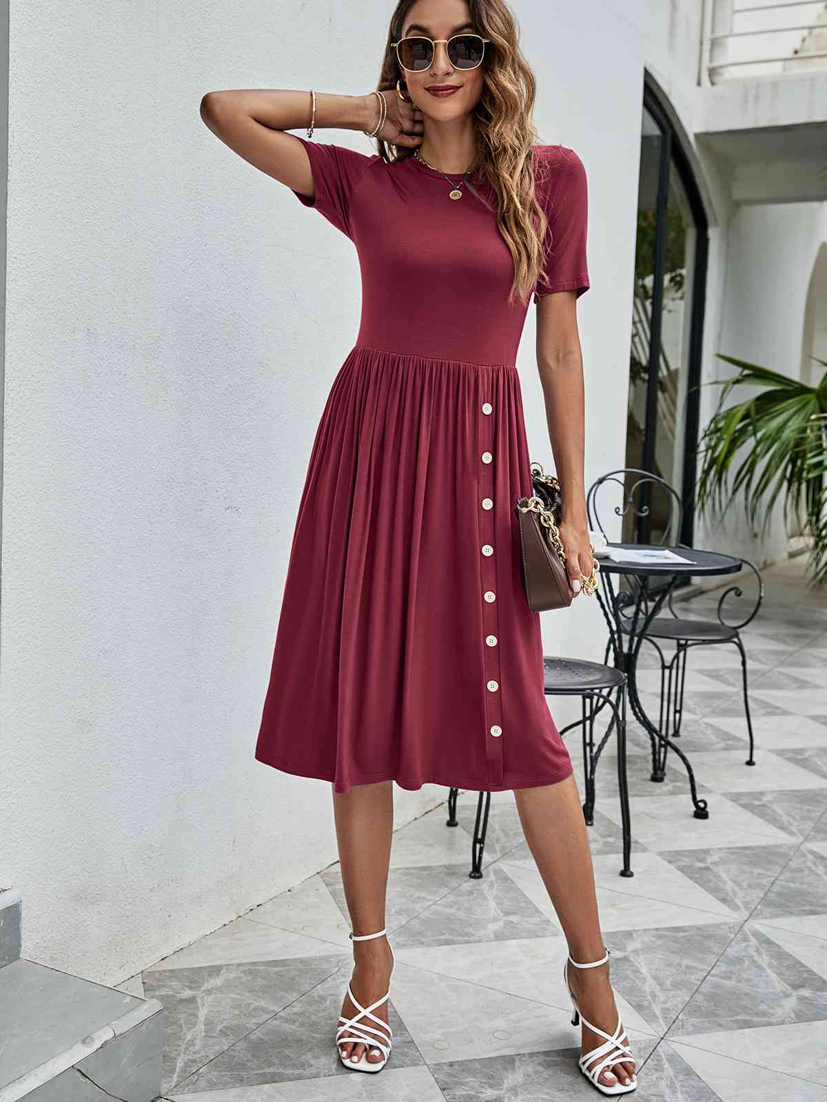Model showing off Button Detail Tee Dress with Pockets-wine