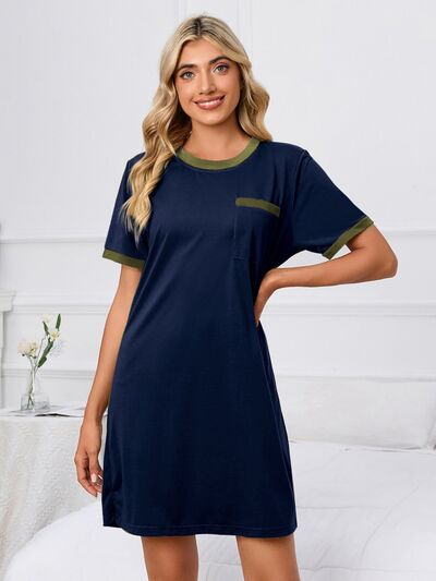 Zoom in view of Contrast Trim Round Neck Mini Dress-blue