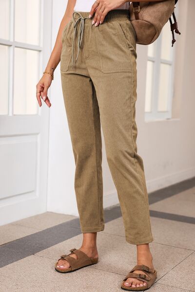 Side view of Drawstring Straight Pants with Pockets-khaki