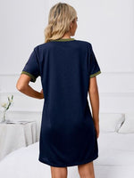 Back of Contrast Trim Round Neck Mini Dress-blue