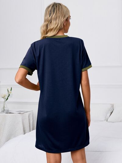 Back of Contrast Trim Round Neck Mini Dress-blue