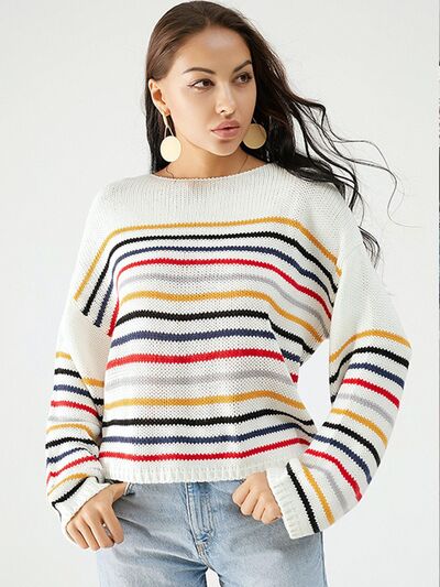 Front view of Striped Round Neck Dropped Shoulder Sweater