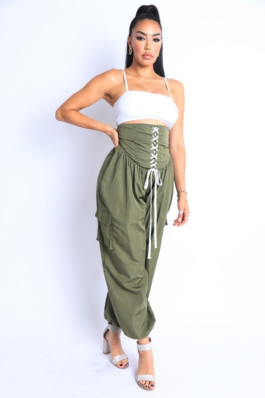 Front view of Tie Detailed High Waist Jogger Pants-green