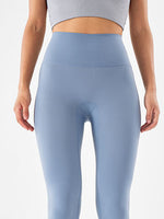 Close up of waist area of blue Wide Waistband Sports Leggings 