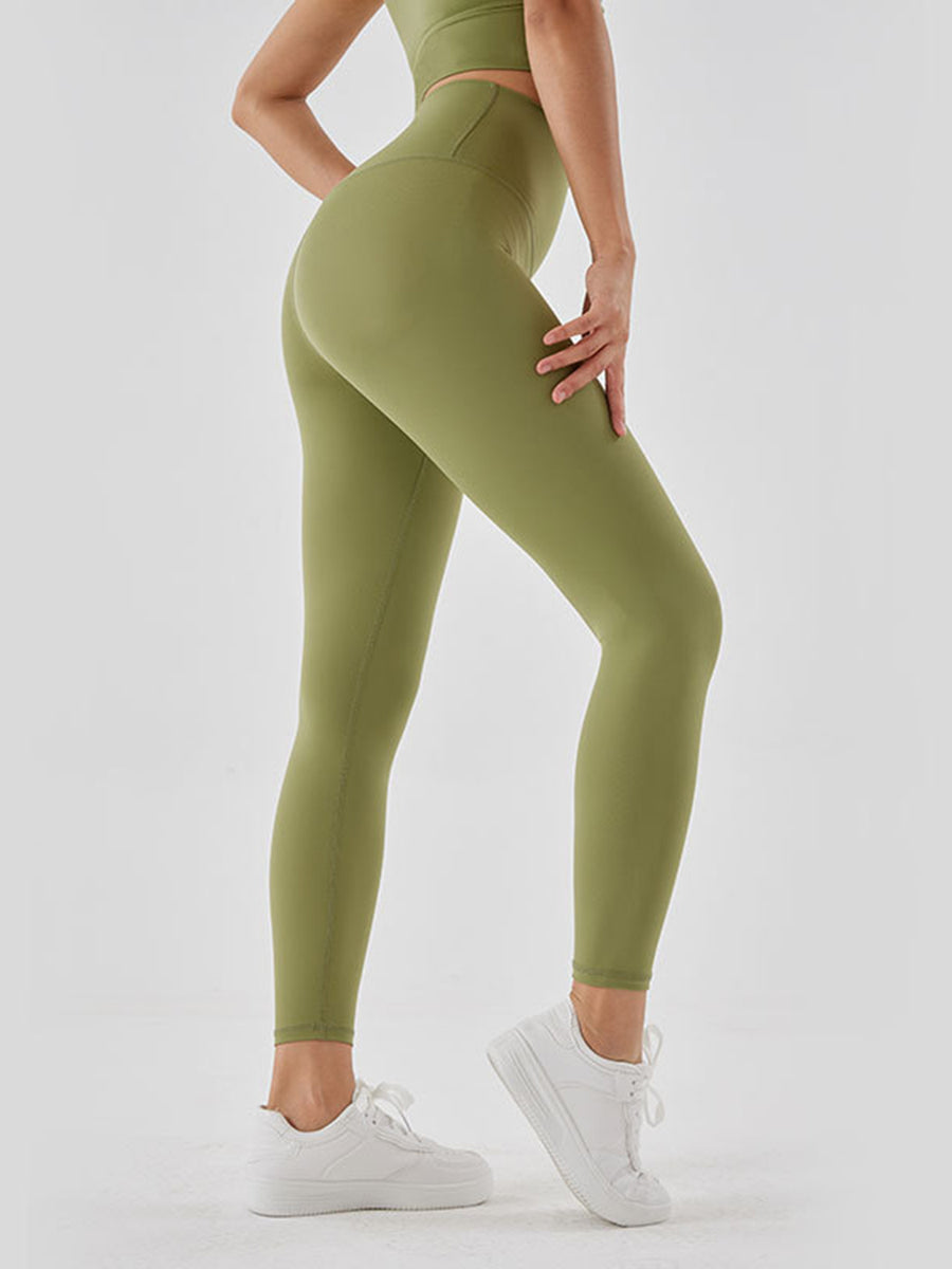 Woman showing green Wide Waistband Sports Leggings