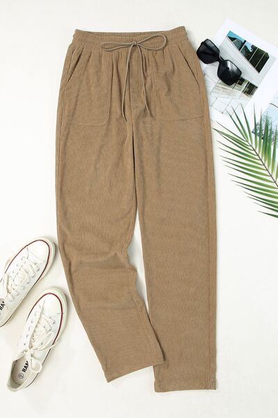 Drawstring Straight Pants with Pockets-khaki