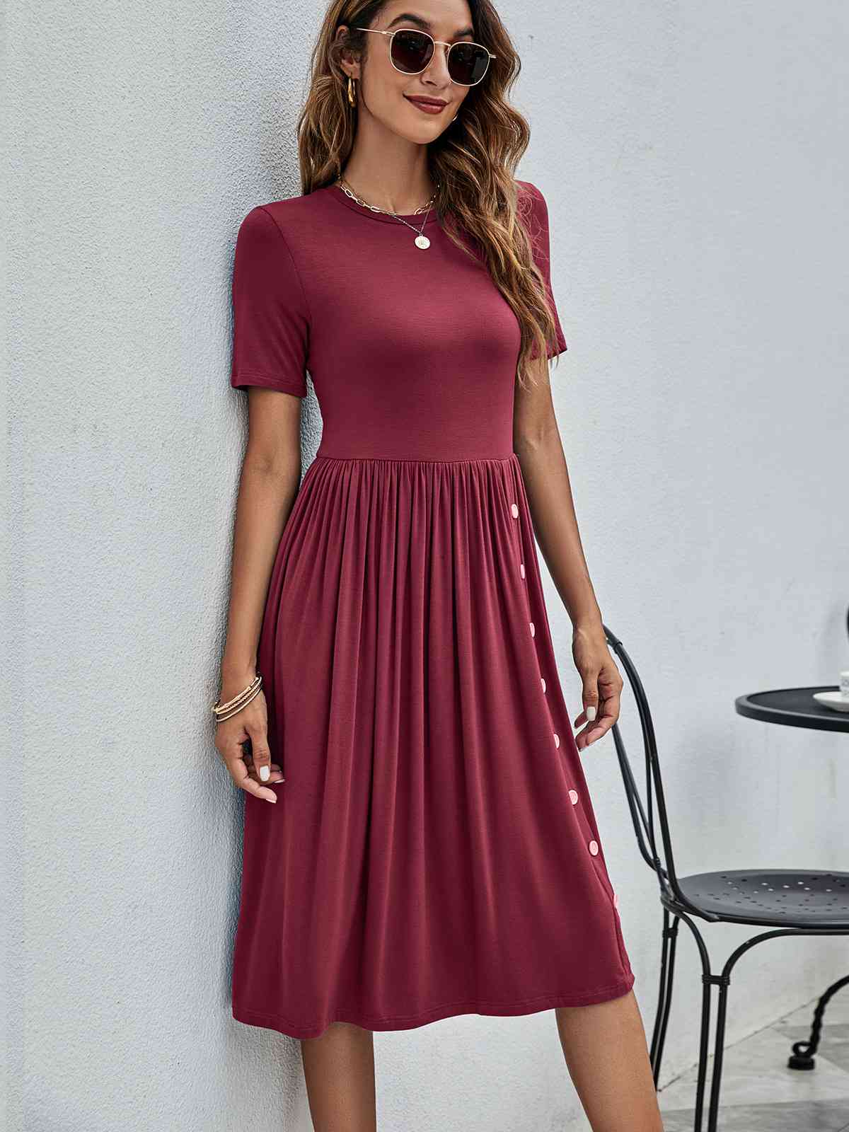 Button Detail Tee Dress with Pockets-wine