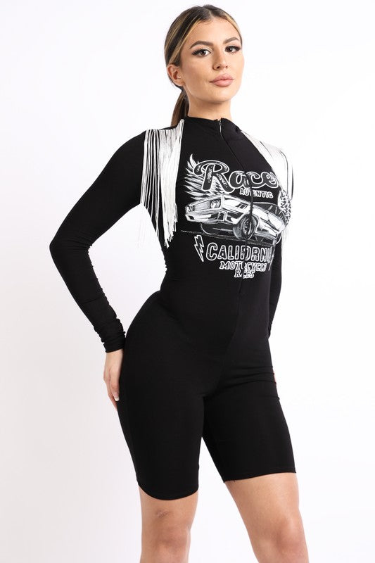 Women&#39;s Printed Long Sleeve One Piece Bodycon Short Pants Jumpsuit Romper With Tassel Shoulder