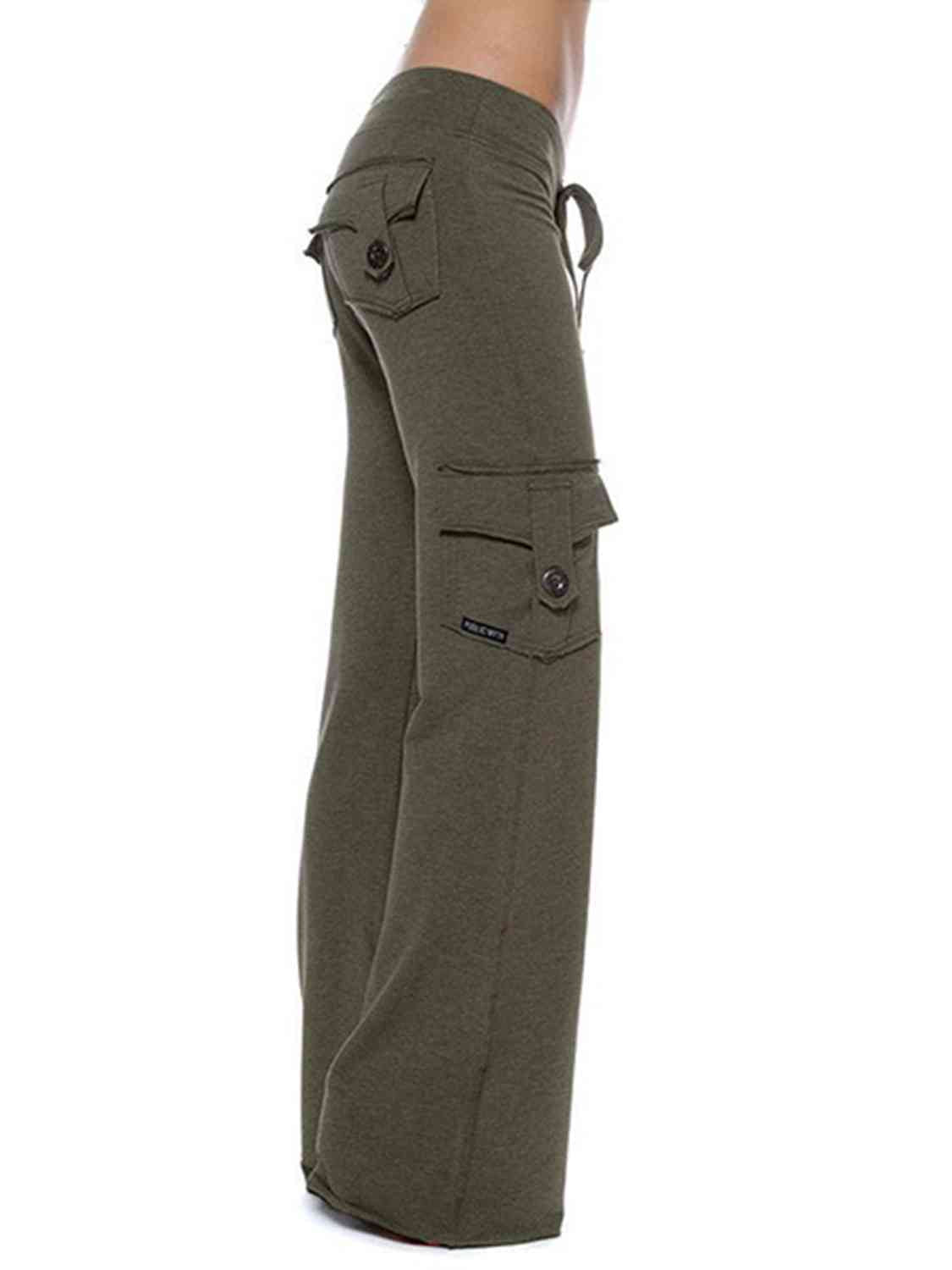 Side view of Mid Waist Pants with Pockets-olive