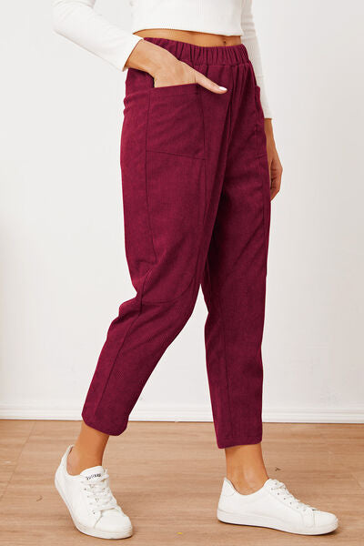 Left side view of Pocketed Elastic Waist Pants-deep rose