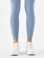 Close up of ankle area of blue Wide Waistband Sports Leggings 