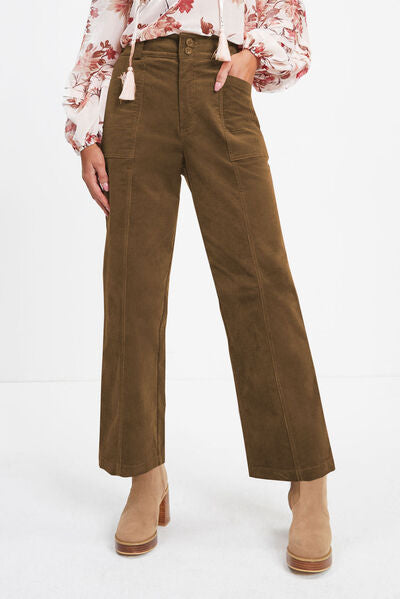 Front view of Pocketed Elastic Waist Straight Pants-camel