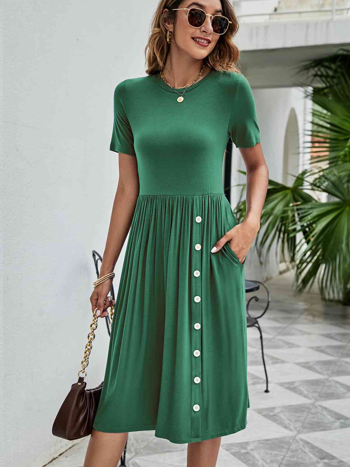 Button Detail Tee Dress with Pockets-green