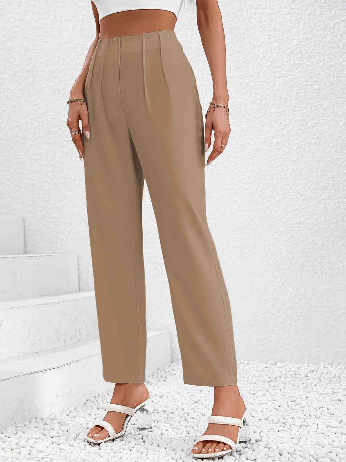 Front view of Ruched Long Pants-tan