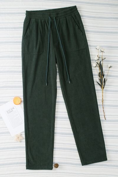 Full view of Drawstring Straight Pants with Pockets-black forest