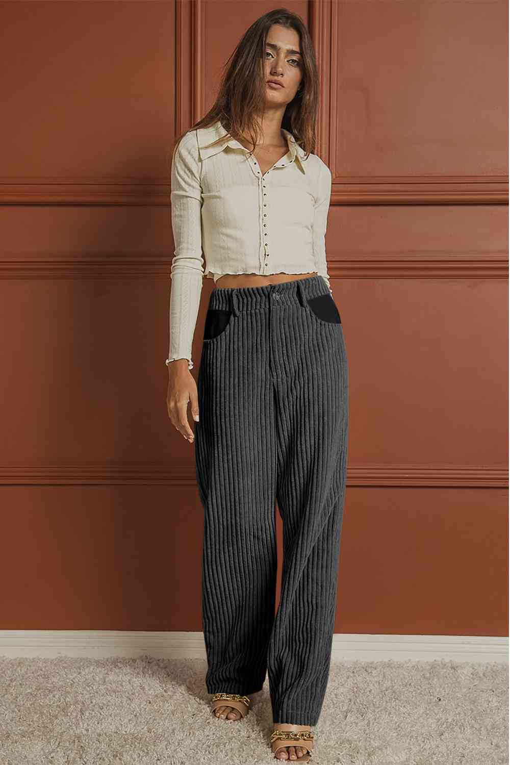 Full front view of Ribbed Longline Pocketed Pants