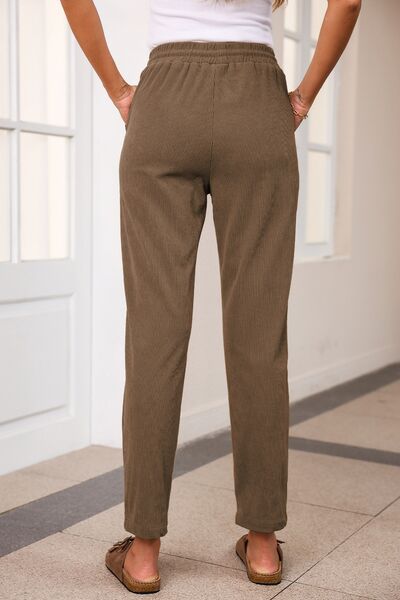 Back view of Drawstring Straight Pants with Pockets-coffee brown
