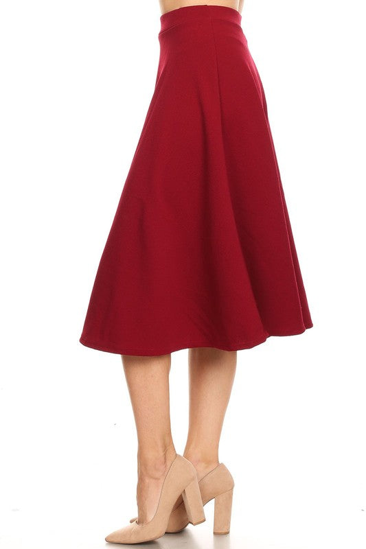 Solid high waisted, A-line, midi skirt