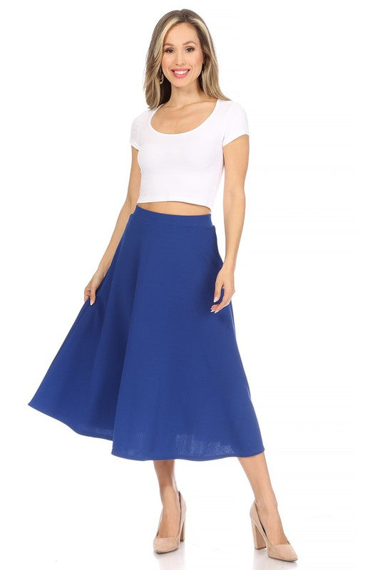 Solid high waisted, A-line, midi skirt