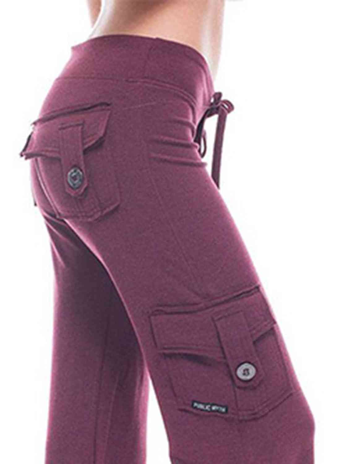 Side view of Mid Waist Pants with Pockets-wine