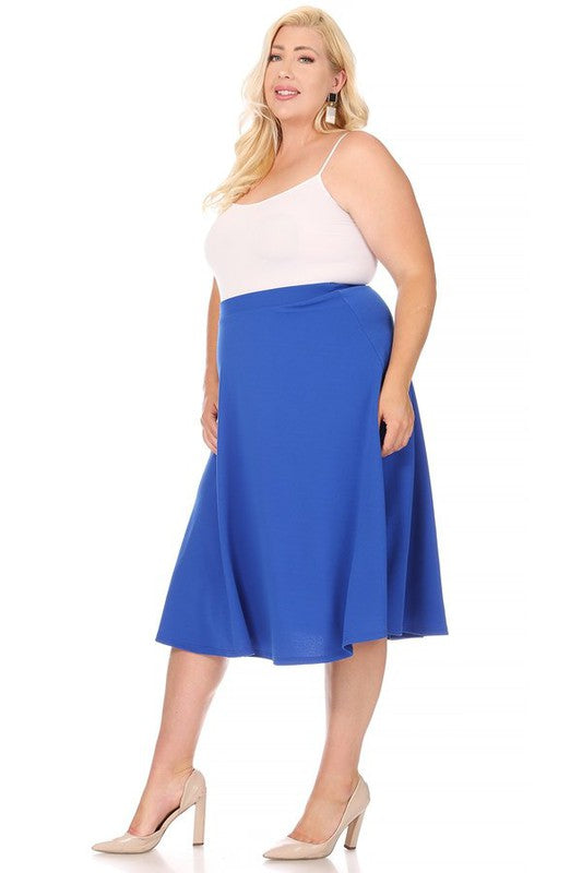 Solid high waisted, A-line, midi skirt