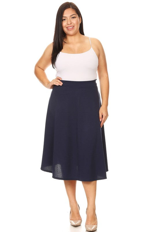 Solid high waisted, A-line, midi skirt