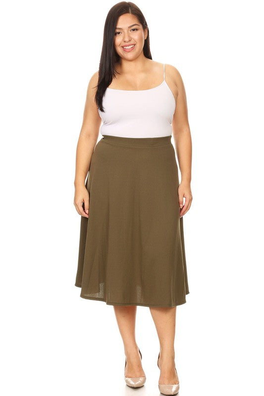 Solid high waisted, A-line, midi skirt