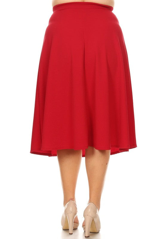 Solid high waisted, A-line, midi skirt