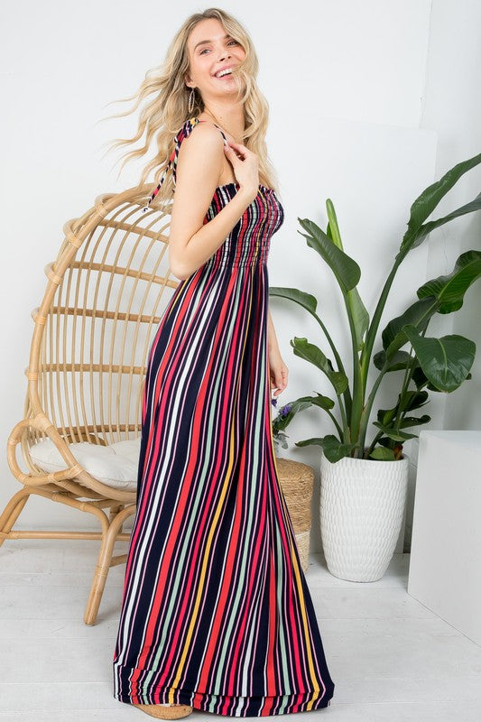 PLUS STRIPE SMOCKED MAXI DRESS