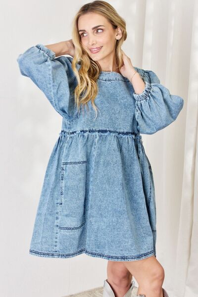 Front view of Full Size Oversized Denim Babydoll Dress