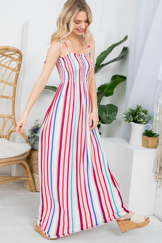 PLUS STRIPE SMOCKED MAXI DRESS