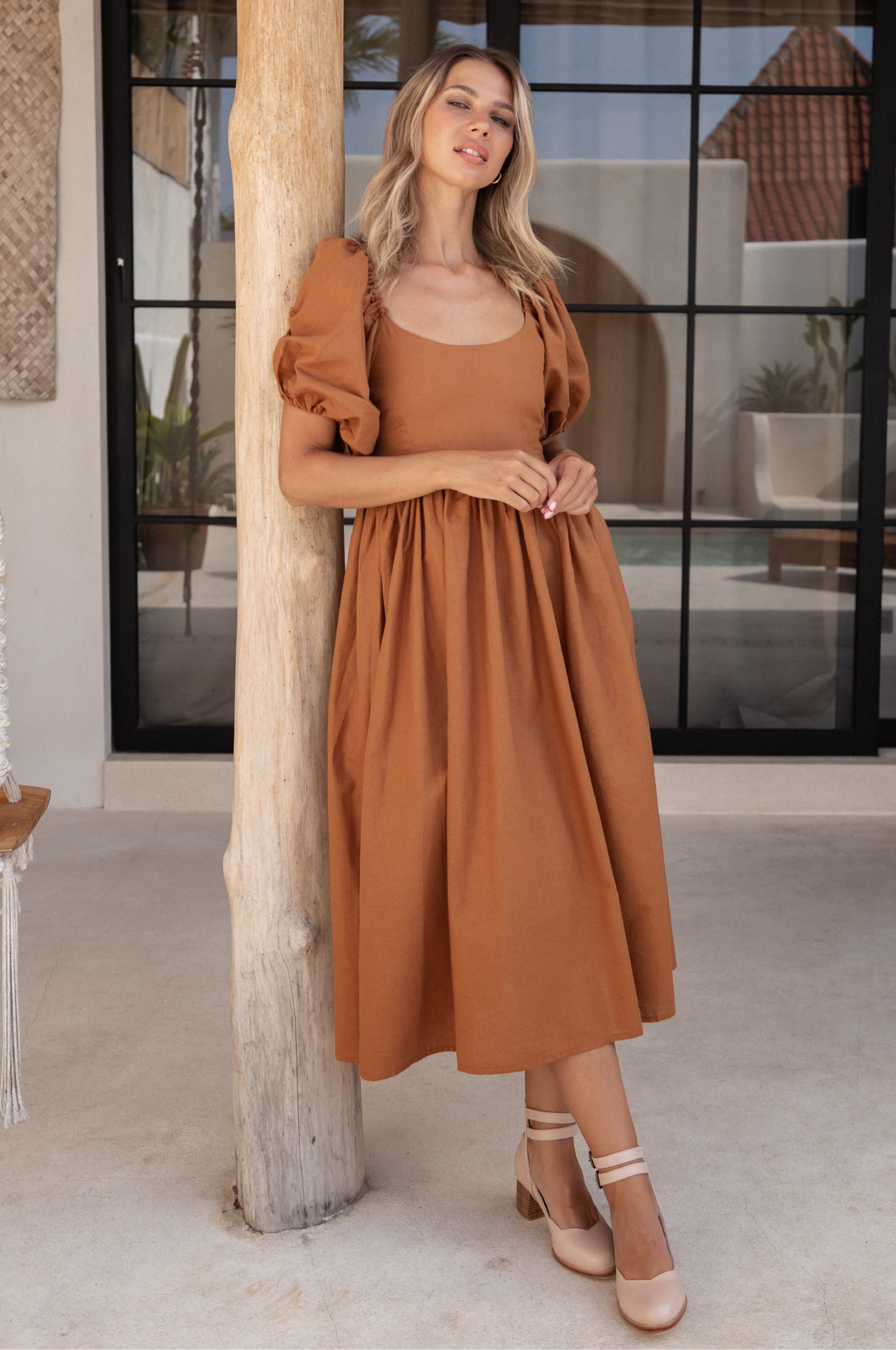 full view of Cherie Puff Sleeve Midi dress- hazel