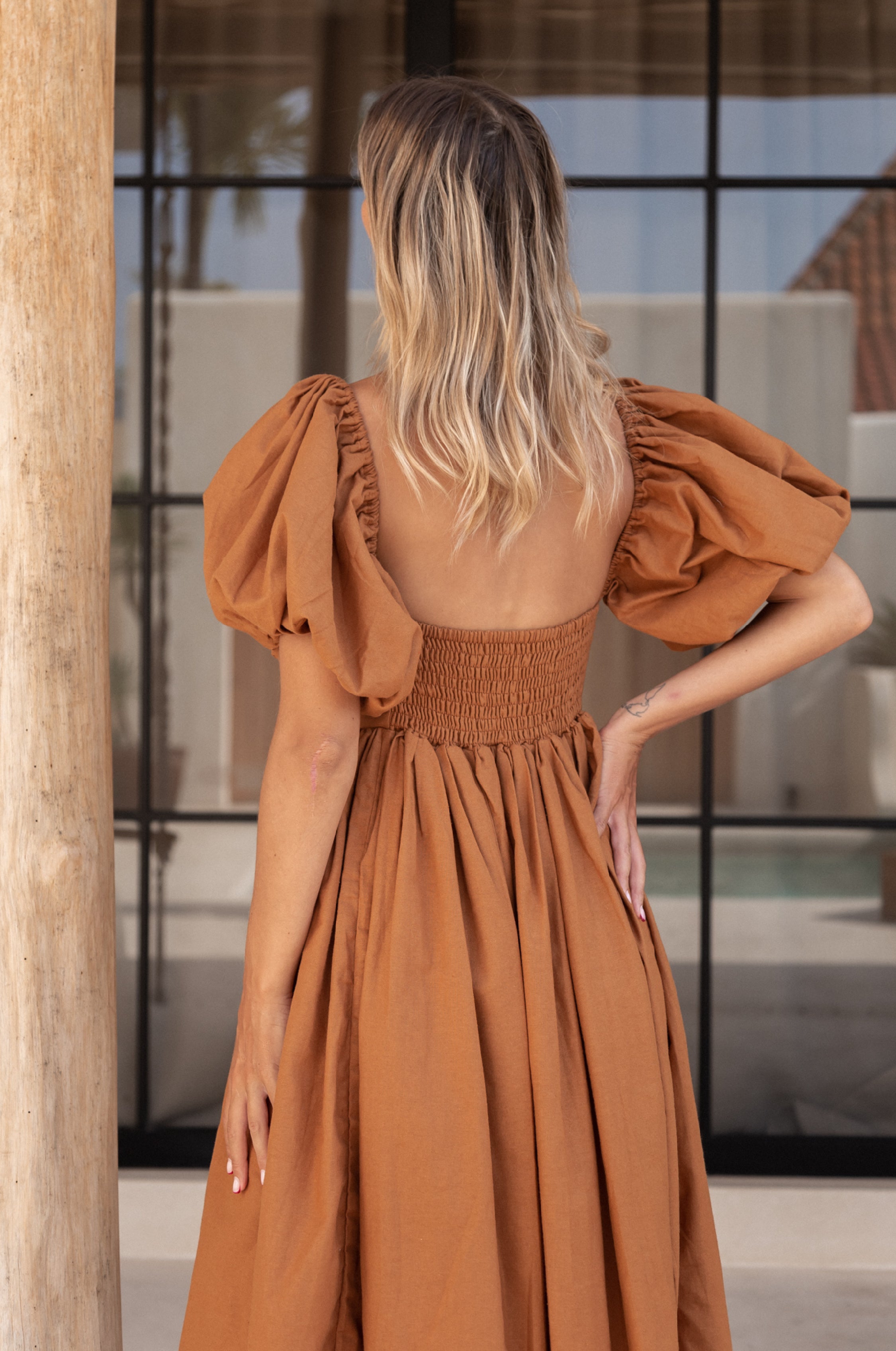 Back of Cherie Puff Sleeve Midi dress- hazel