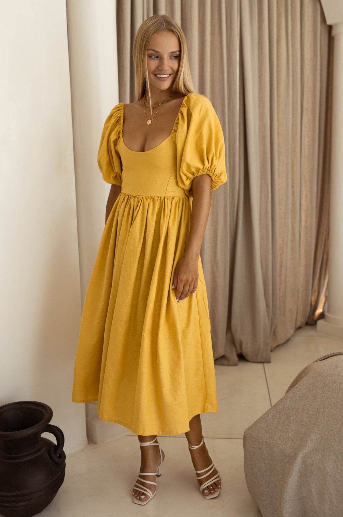 Cherie Puff Sleeve Midi dress- honey cream