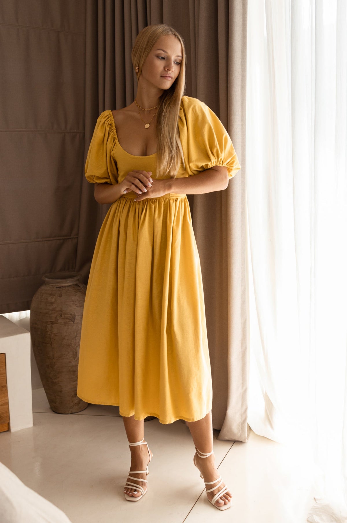 Full front view of Back of Cherie Puff Sleeve Midi dress- honey cream