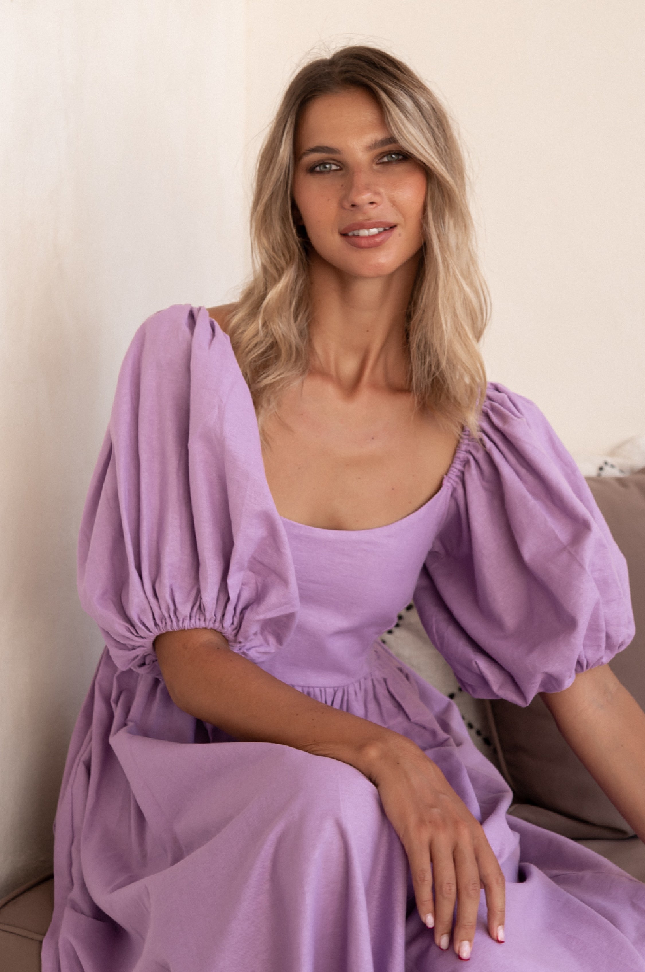 Front view of Cherie Puff Sleeve Midi dress- lavender