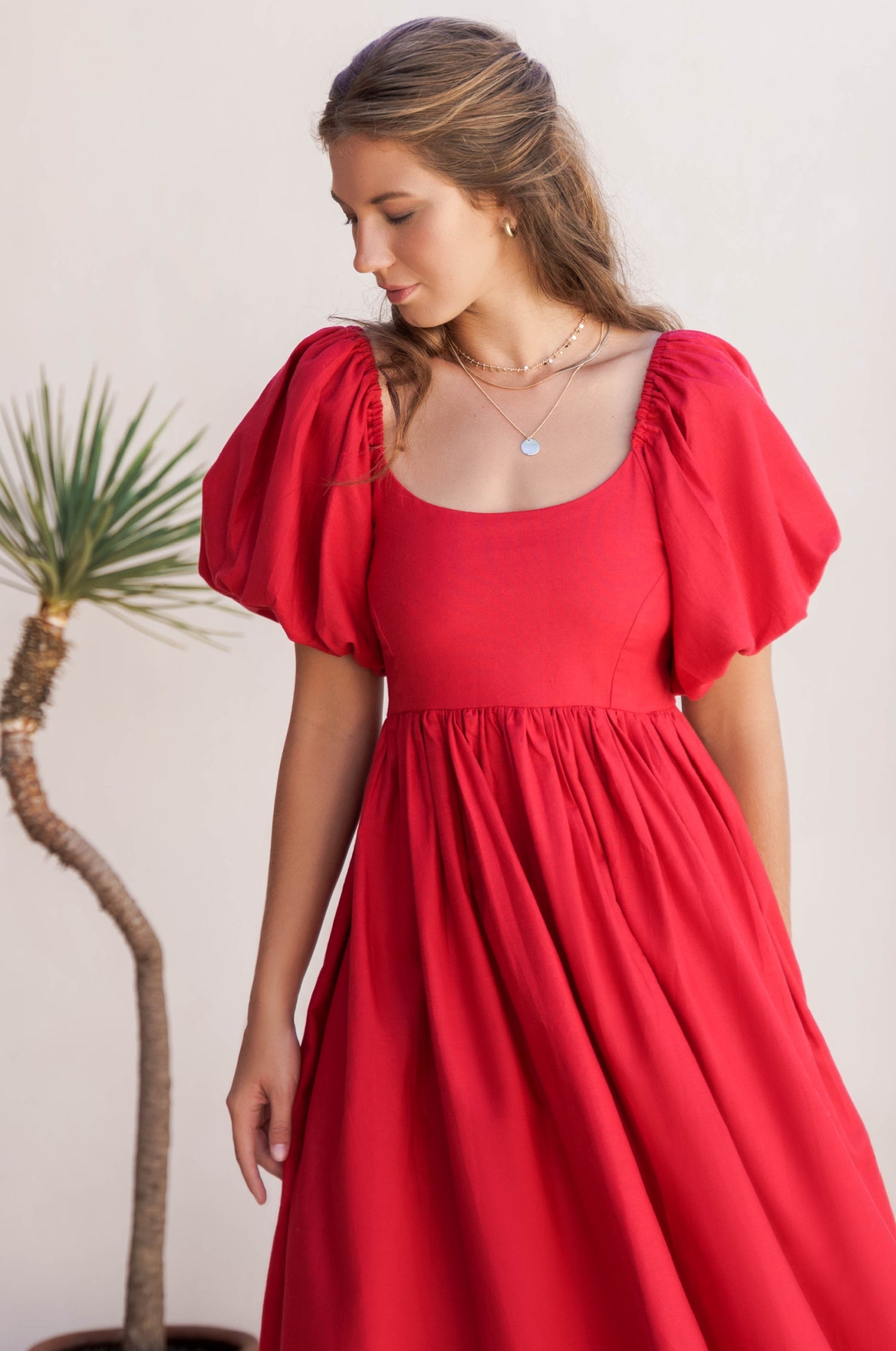 Cherie Puff Sleeve Midi dress-red