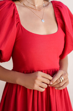 Full view of Cherie Puff Sleeve Midi dress-red