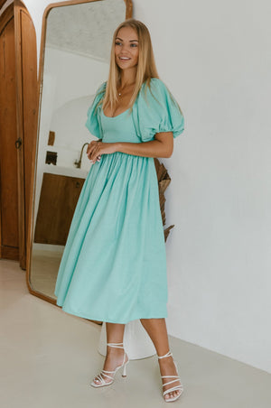 Front view of Back of Cherie Puff Sleeve Midi dress- tosca