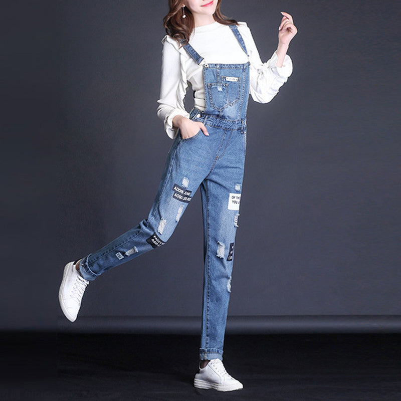 Land of Nostalgia Overalls Ripped Patches Loose Trousers Women&#39;s Skinny Jeans by Land of Nostalgia