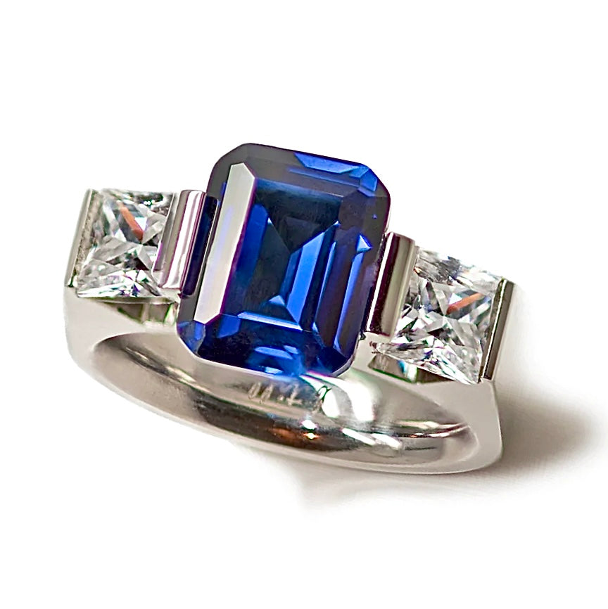 RG208BL B.Tiff 3-Stone 3 ct Blue Emerald Cut Engagement Ring by B.Tiff New York (Retail)