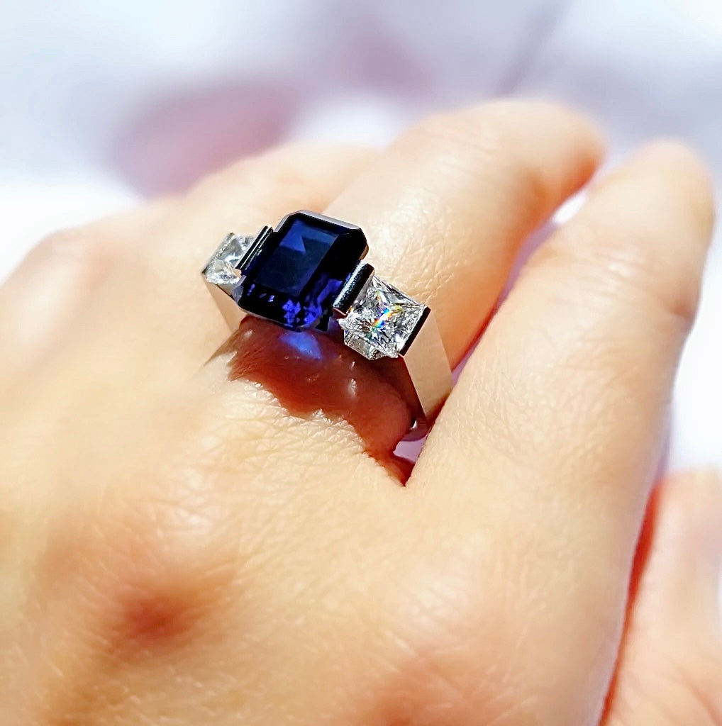 RG208BL B.Tiff 3-Stone 3 ct Blue Emerald Cut Engagement Ring by B.Tiff New York (Retail)