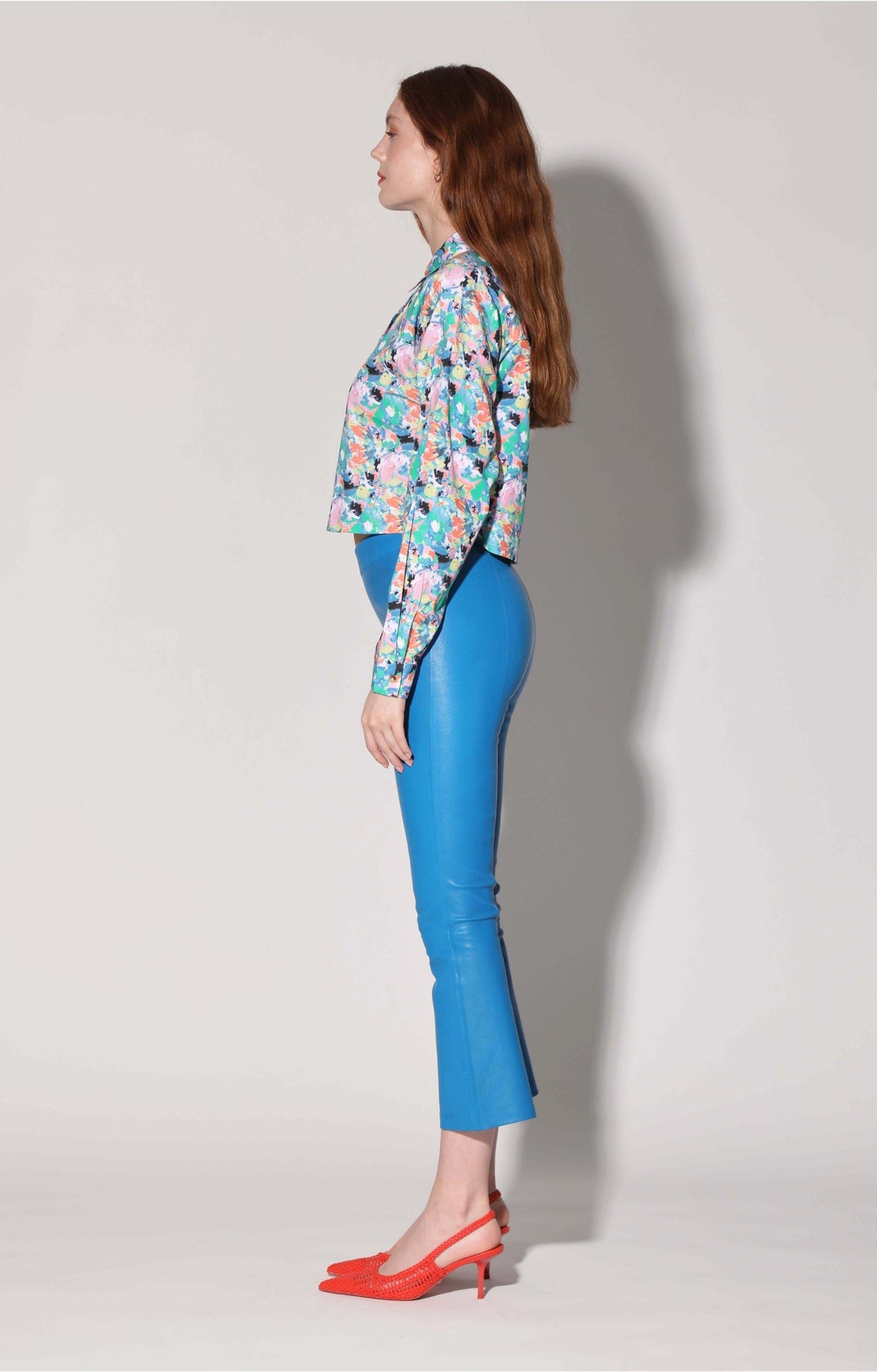 Side view of Lori Pant, Bright Blue - Stretch Leather