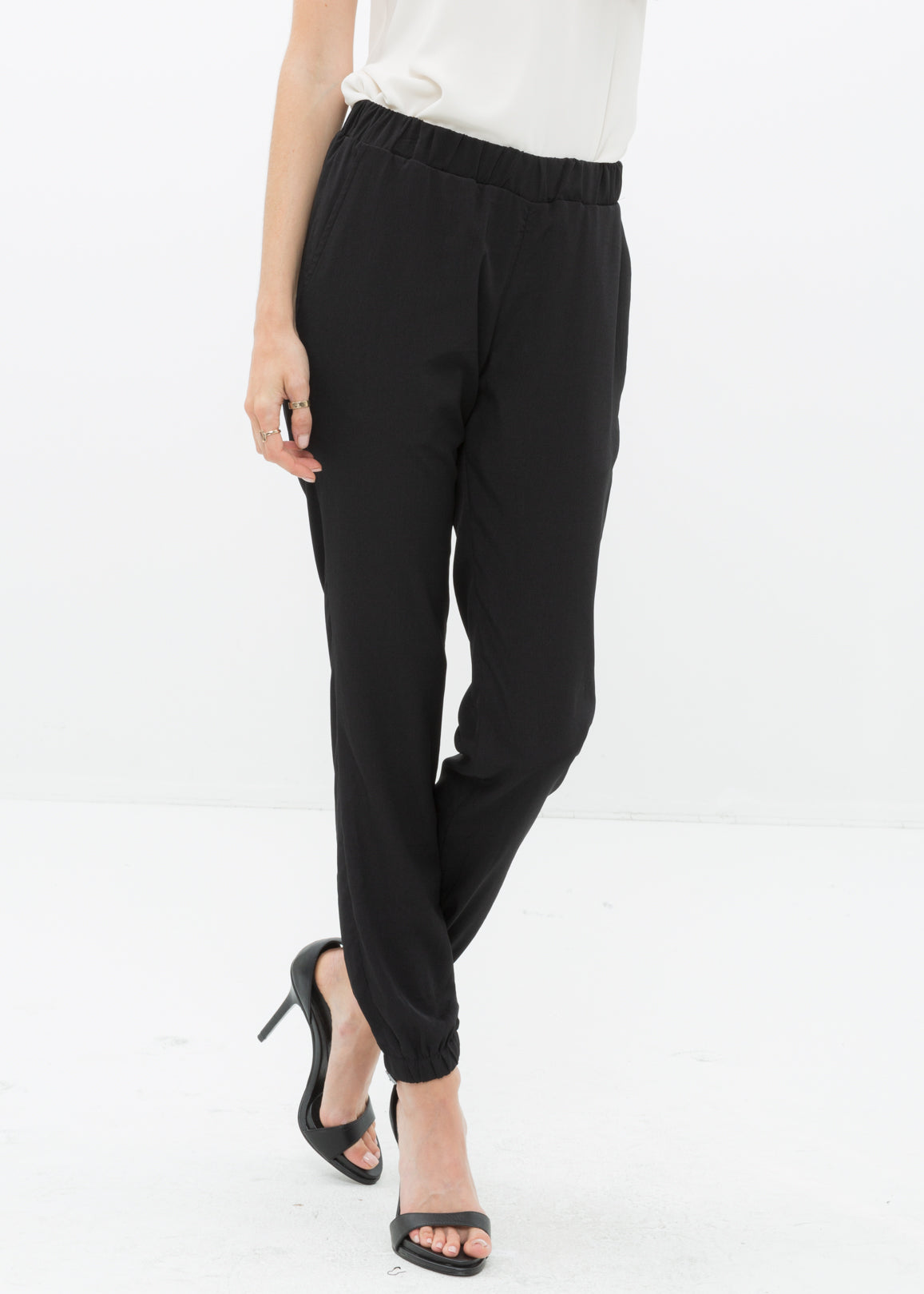 Full view of Women&#39;s Ankle Cuffed Black Crepe Pants In Black