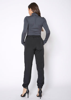 back of Women's Ankle Cuffed Black Crepe Pants In Black