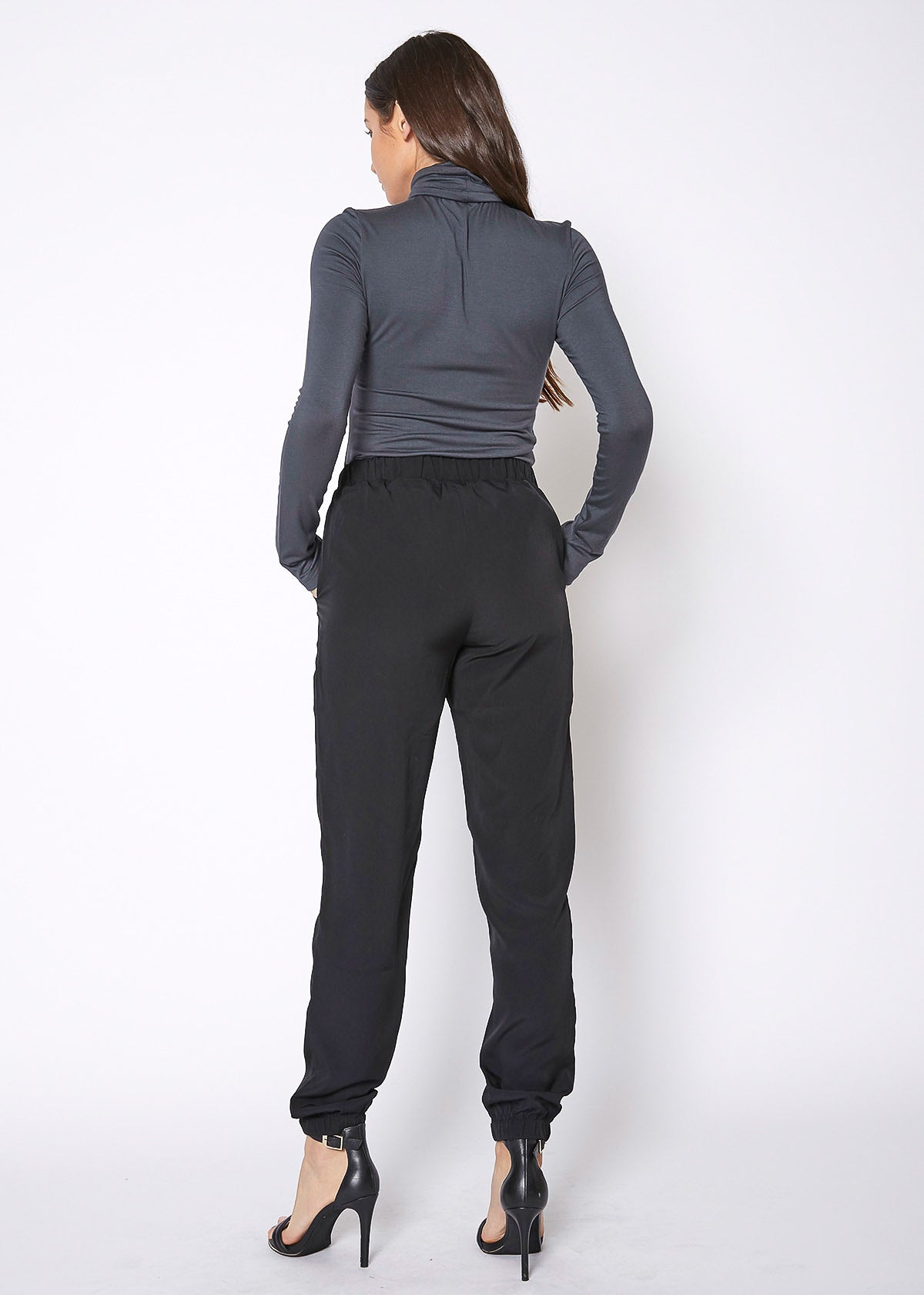 back of Women&#39;s Ankle Cuffed Black Crepe Pants In Black